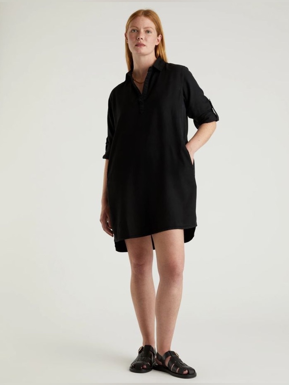 Quince Tencel Roll Sleeve Tunic Dress Black Small S
